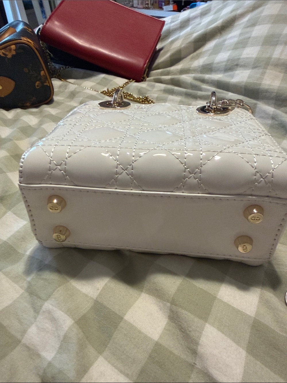 Designer inspired White Quilted Mini Tote Bag with Gold Hardware - Picture 10 of 11